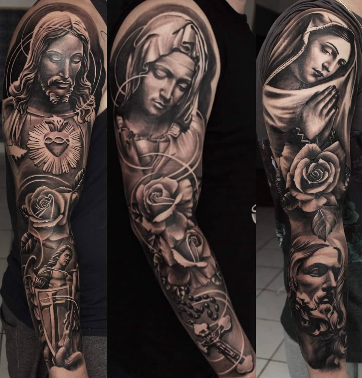 Braço fechado com Sagrado Coração de Jesus, Nossa Senhora e rosas, realismo religioso em preto e cinza por Felipe Carlos.